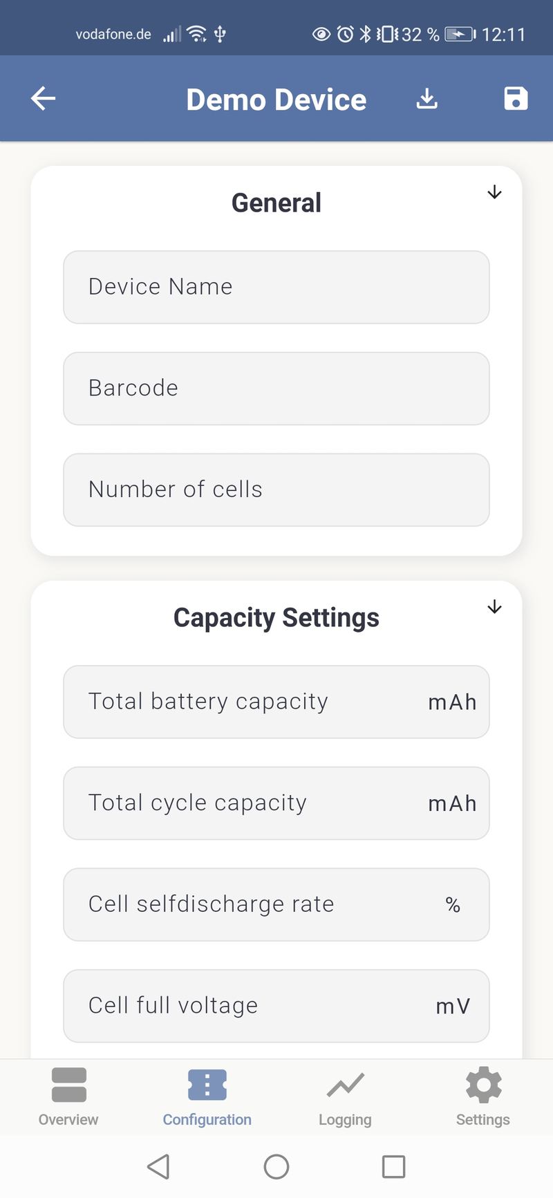 Remote configuration — capacity, cell voltage limits, and more