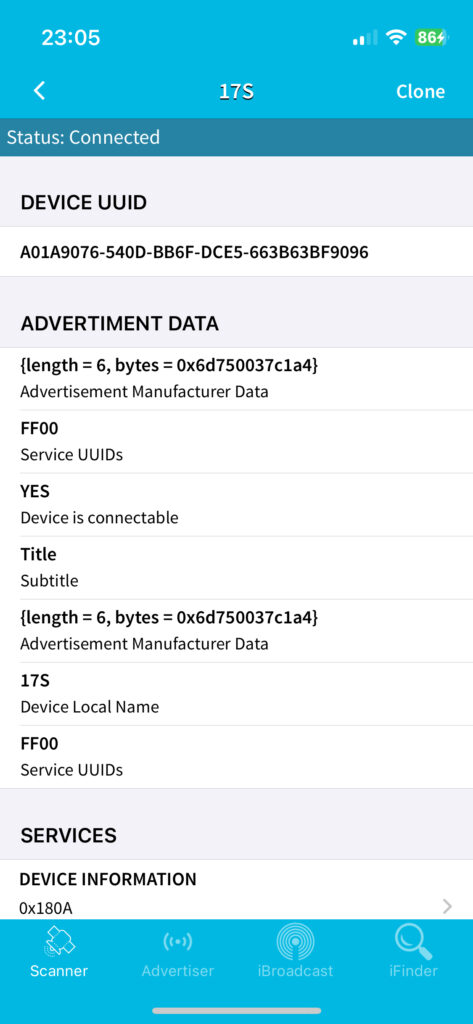 BLE Scanner zeigt ein verbundenes Gerät mit UUID und Advertisement-Daten
