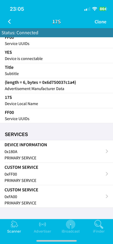 BLE Scanner zeigt die Einträge Device Information und Custom Service (0xFF00)