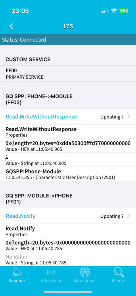 BLE Scanner zeigt die Charakteristiken FF01 und FF02 mit ihren Read/Notify- und Write-Eigenschaften