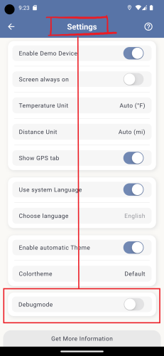 Einstellungsbildschirm mit dem Doppeltipp-Gesture auf den Titel, der den versteckten Debugmode-Bereich freischaltet