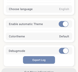 Aktivierter Debugmode-Schalter mit jetzt aktivem Export-Log-Button